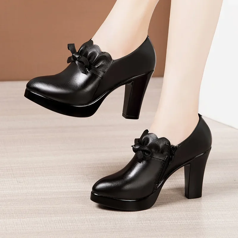 9cm 11cm Small Size 32-43 Elegant Black Bow Block High Heels Shoes for Office Model 2024 Thick Bottom Deep Mouth Platform Pumps