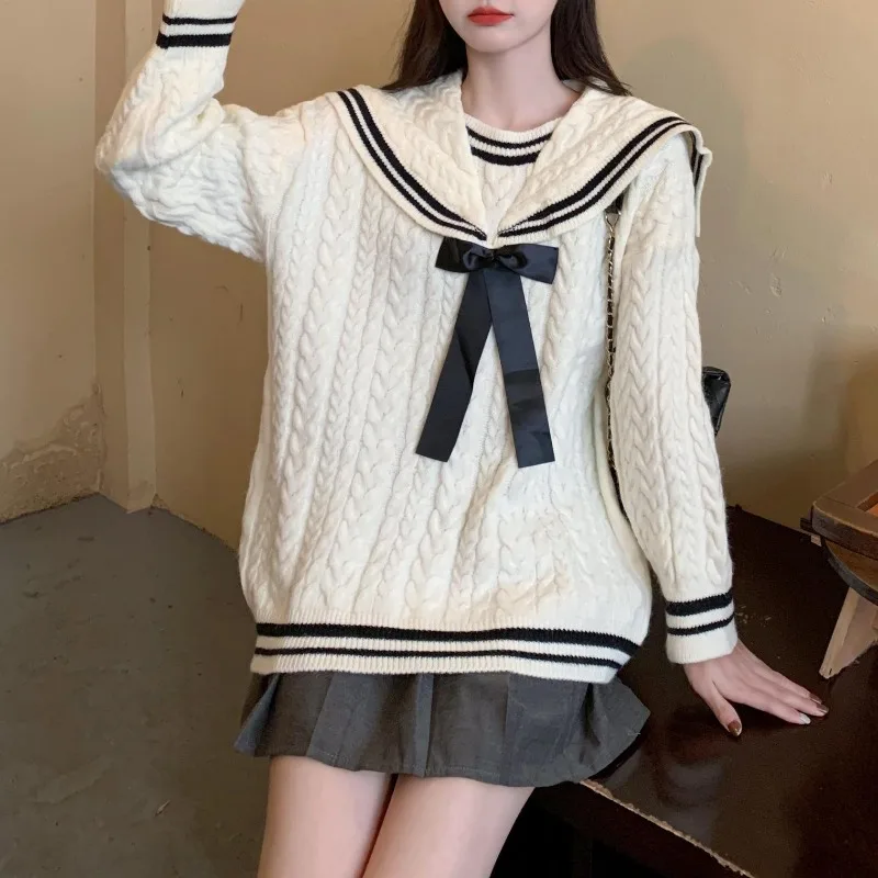 DAYIFUN-Preppy Style Bow Women Sweaters,Japanese Autumn Sailor Collar,Solid Color,Loose,Pullover,JK Simple Versatile Sweater