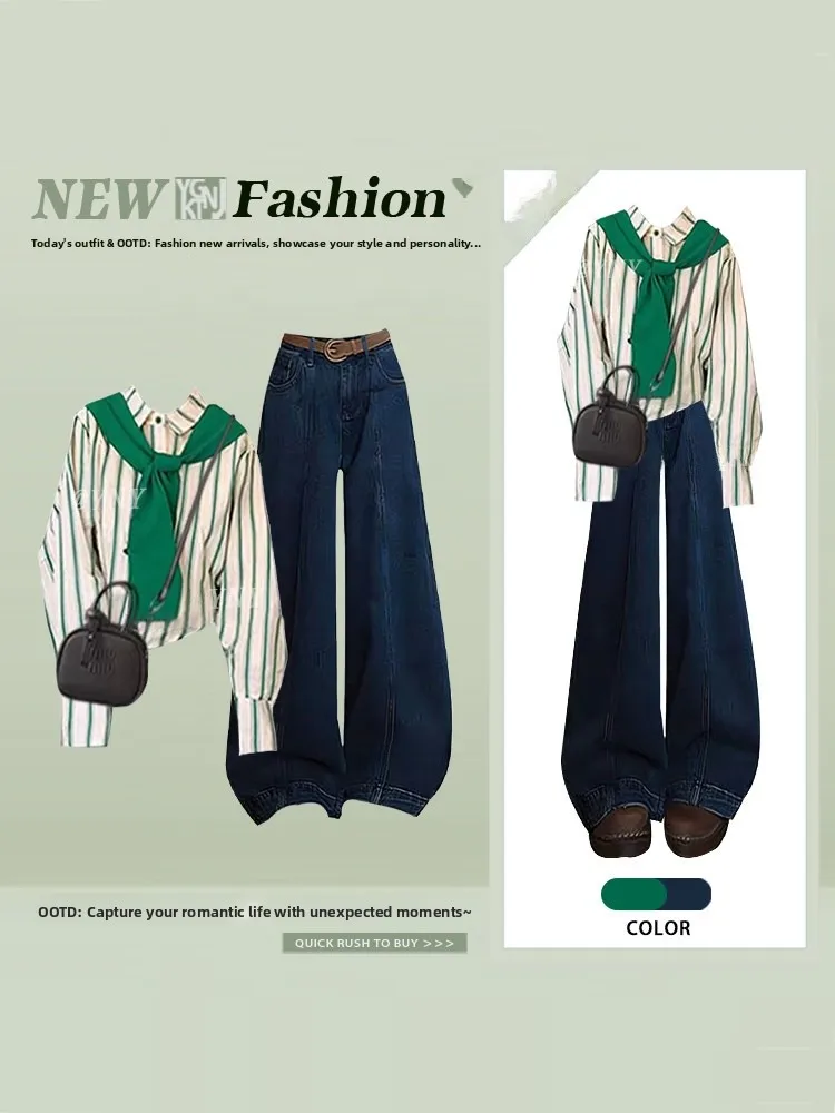 

Spring Faion Commute Tee-Piece Set Women's Long Sve Striped irt Denim Wide Leg Pants een Scarf Japanese Sle