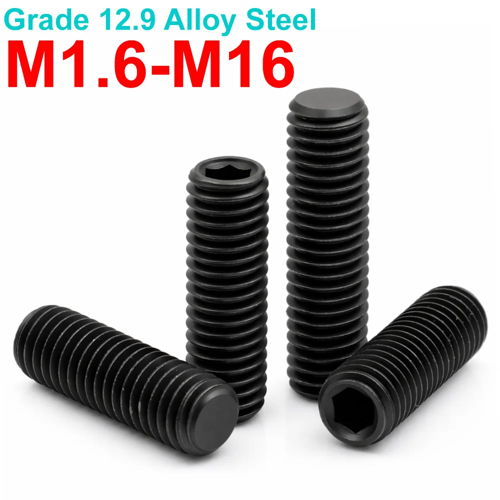 2-20pcs M1.6 M2 M2.5 M3 M4 M5 M6 M8 M10 M12 M14 M16 Black 12.9 Grade Steel Hex Socket Flat Point Set Screw Headless Grub Screws