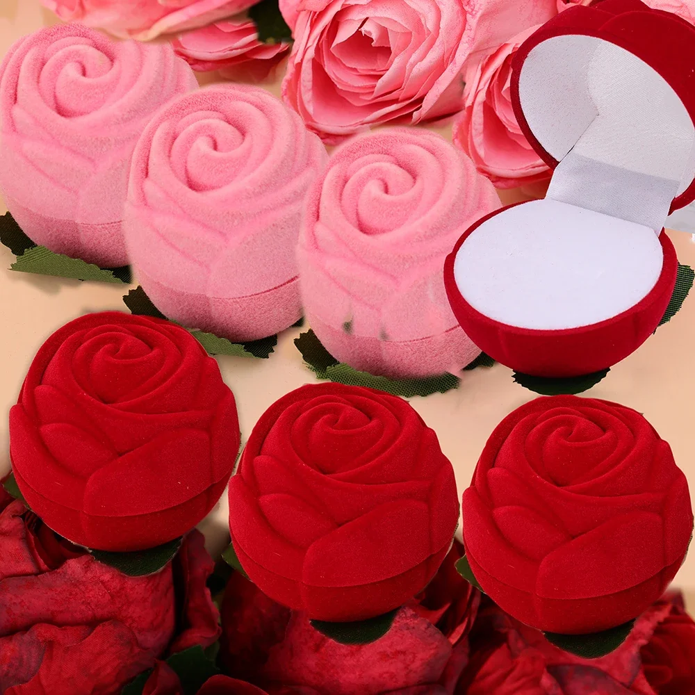 1-10pcs Flocking Rose Floral Ring Box Jewelry Storage Case Counter Display Package Wedding Valentine’s Day Gift Box Organizers