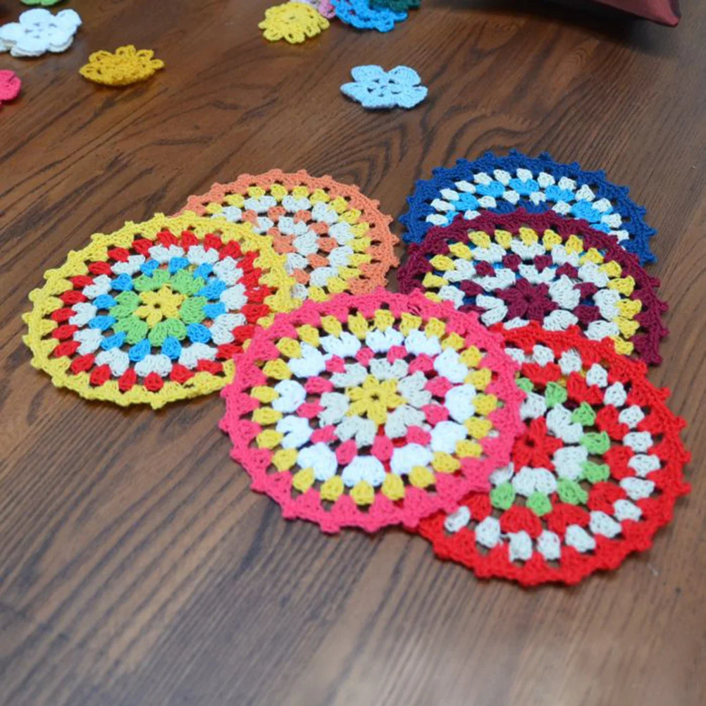 

5pcs Crochet Placemat Round Cotton Coaster Set Decorative Cup Mat For Kitchen Dining Table Protection Rainbow Color Washable
