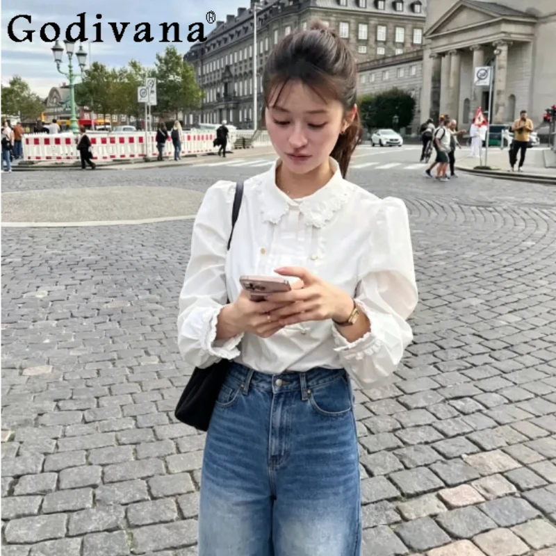 

Women's White Casual Shirts and Blouses Spring Japanese Style Fashion Sweet Double-Breasted Lace Stitching Long Sleeve Tops