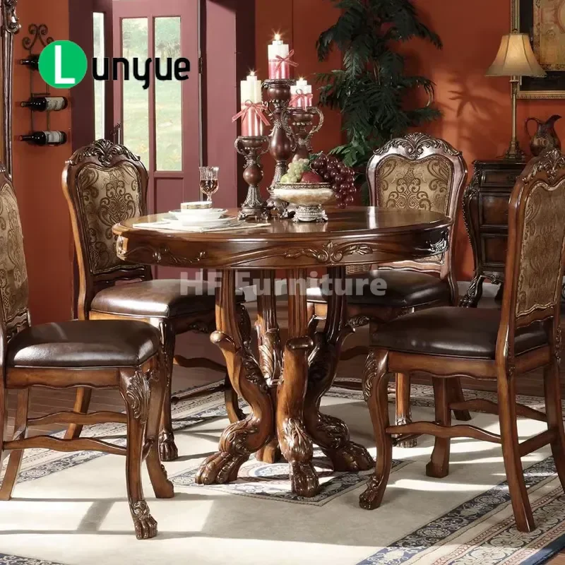American Style Wooden Round Dining Table Set with 4 Chairs Small Space Saving Restaurant Furniture Compact Modern Home