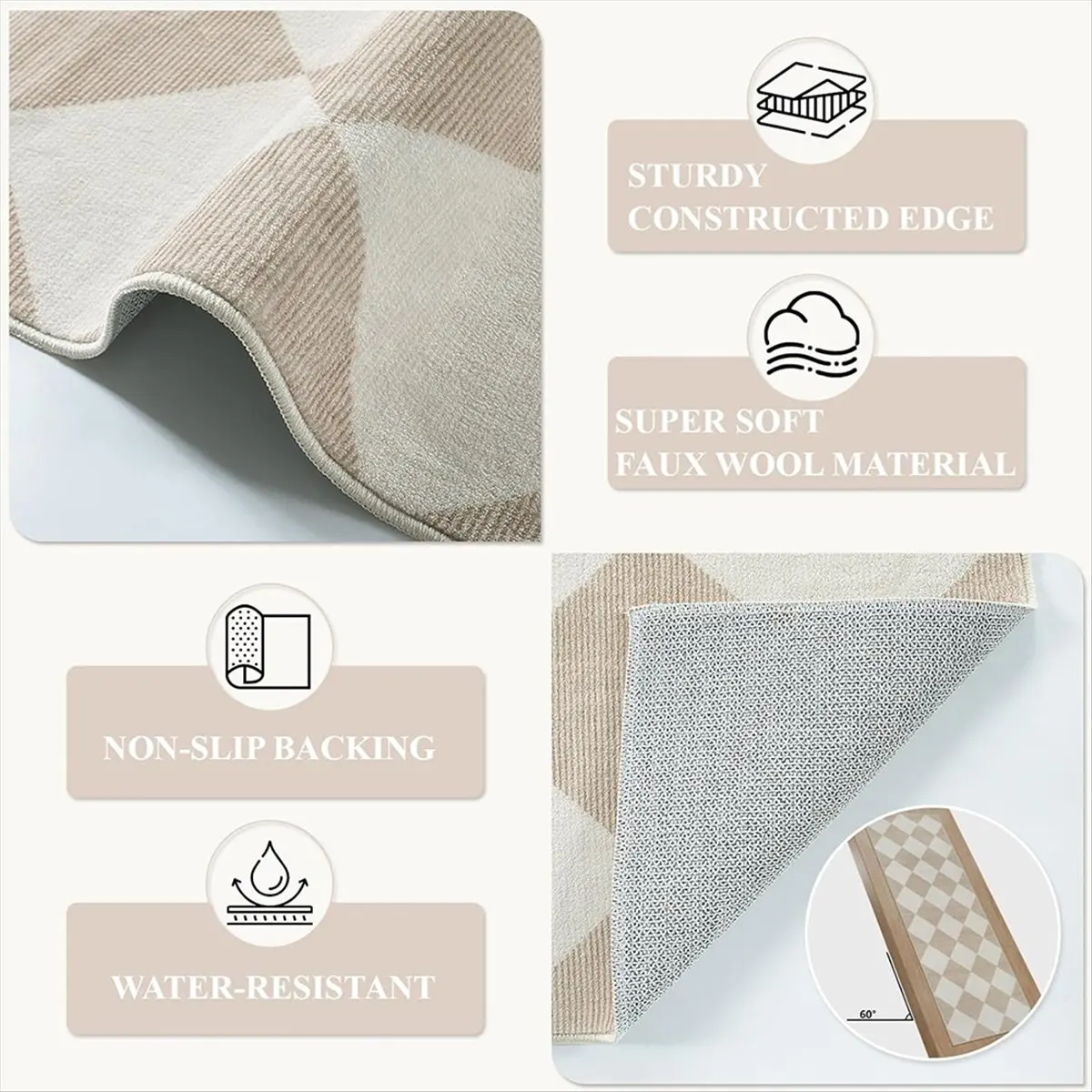 

ABZT Carpet Runners for Hallway,Beige Ultra Thin Washable Kitchen Runner Rug Non Slip, Moroccan Plaid Checkerboard Decor