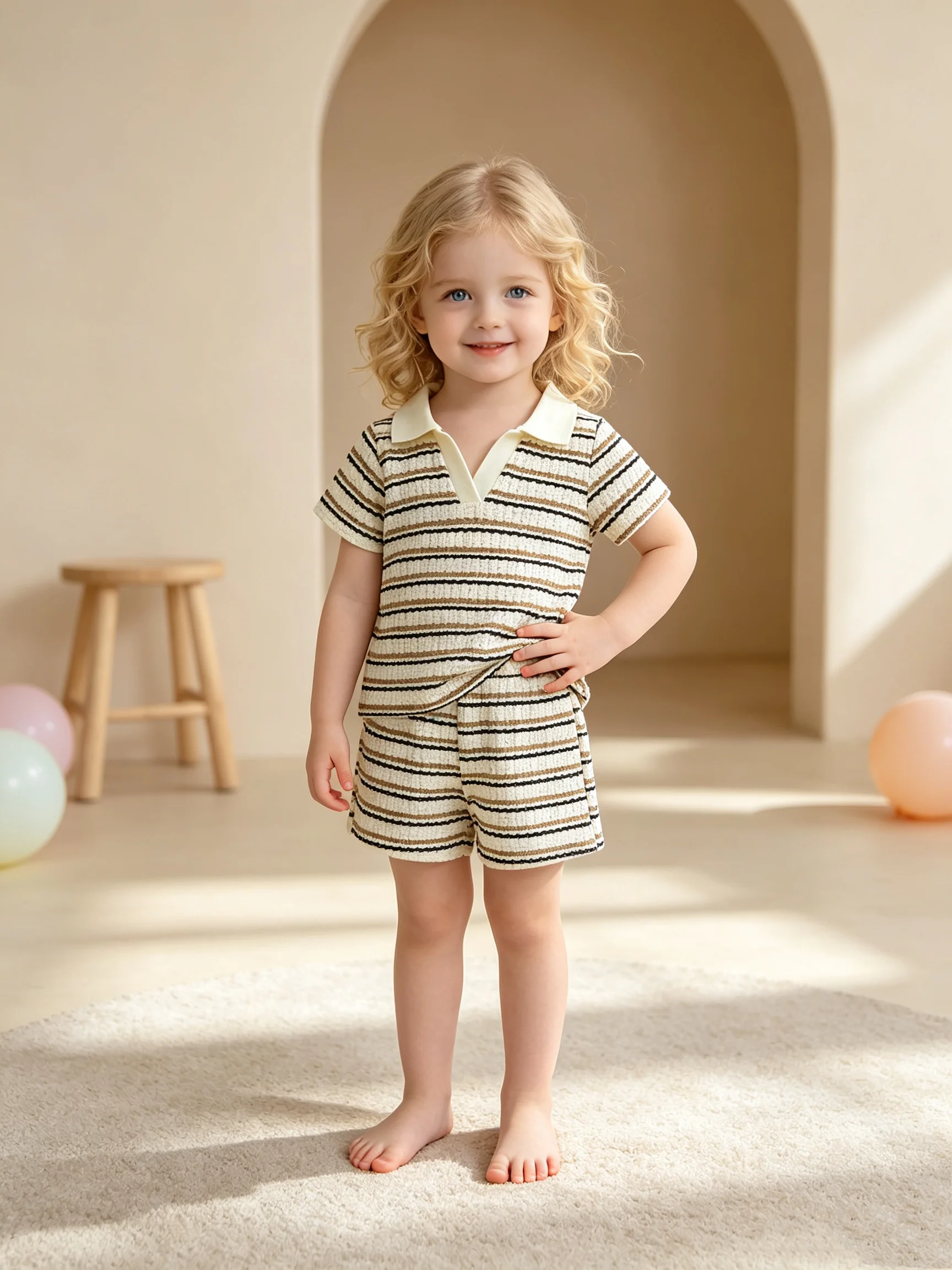 Sommer-Set für Jungen: Gestreiftes V-Ausschnitt-Oberteil mit kurzen Ärmeln und Shorts ohne Gürtel für Outdoor-Spiele und lässige Freizeitkleidung, modisch und bequem. – Detail 3