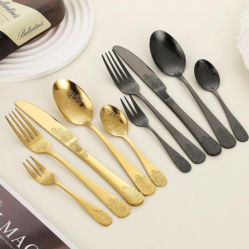 5PCS stainless steel knife, fork, spoon set with patterned totem tableware, Western style steak knife and fork