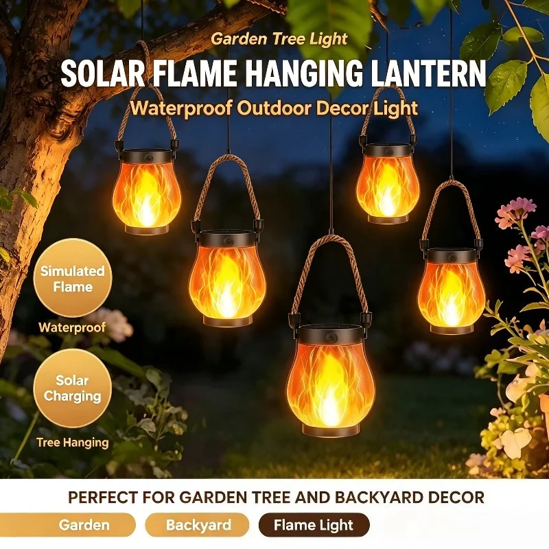 Garden Solar Hanging Lantern Flame Light Outdoor Tree Decor Landscape Path Lamp Patio Backyard Yard Lighting Fence Walkway