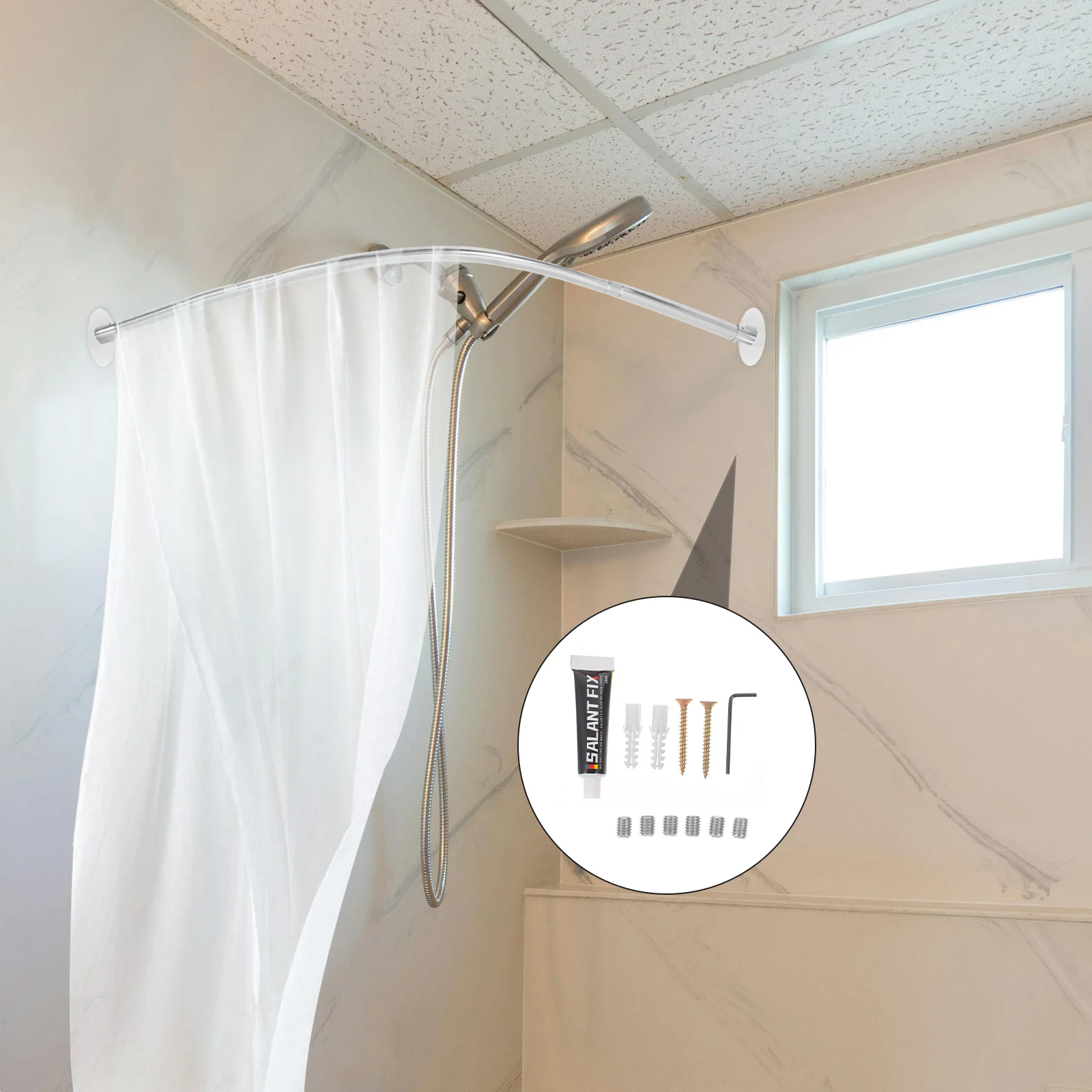 

Telescopic Bathroom Rod Curved Shower Tension Nickel Black A Shaped Drill Free AdjustableWide Application Heavy Duty Clothes
