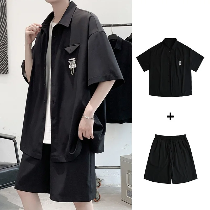 Korean Style Summer Men's Sets 2pcs Suits Short Sleeve Shirts Chain Drawstring Shorts Fashion Streetwear Oversize Clothing Man