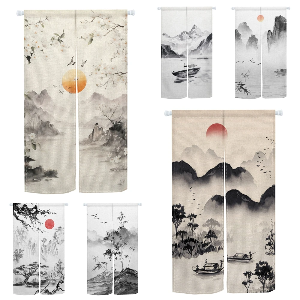 Japanese Style Warm Curtain Linen Half-Curtain Mountain Ink Painting Izakaya Style for Kitchen Entrance Partition Home Decor