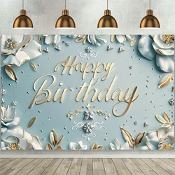 Blue Happy Birthday Background Gold Diamond Shining Bok Photography Background Sweet Party Photo Decoration Banner