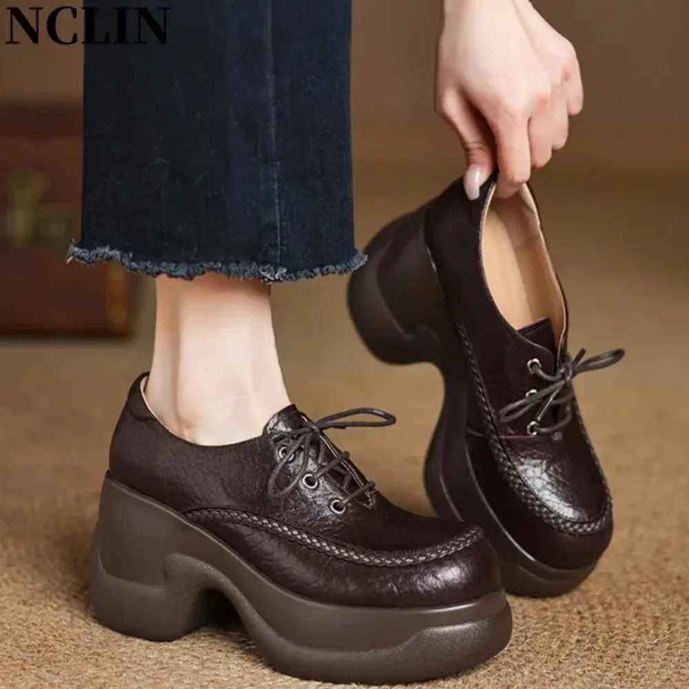 Women Loafers Shoes Genuine Leather Thick Heels Student Shoes Female Lace Up British Style Lady Oxford Shoes Footwear