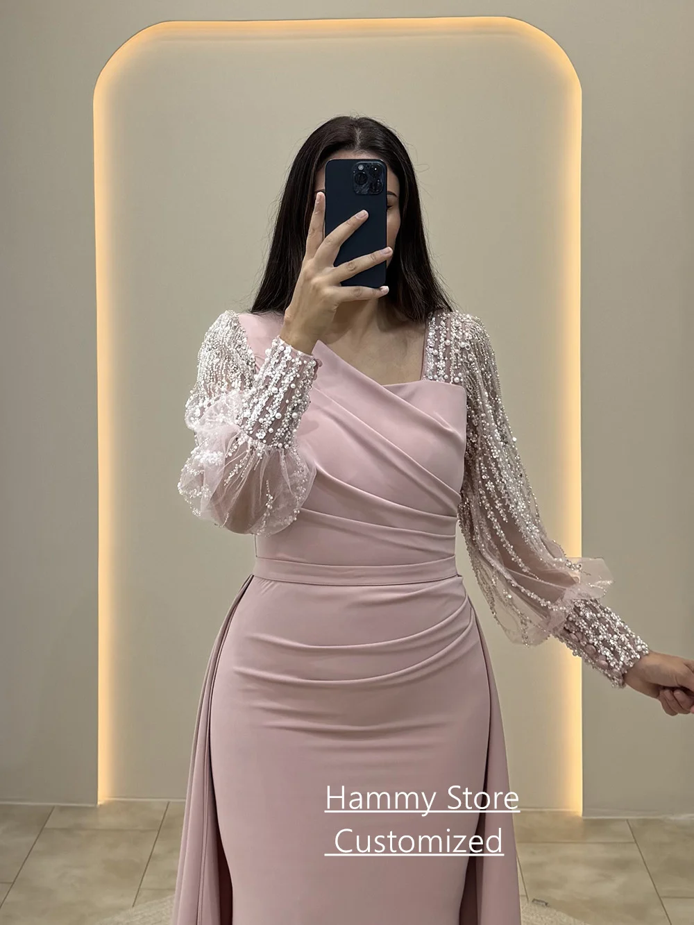 أزياء مساء اللباس مخصص الخامس الرقبة نفخة الأكمام مطرزة اللؤلؤ حورية البحر فستان حفلات قطار للانفصال Fساتين سهلات #4