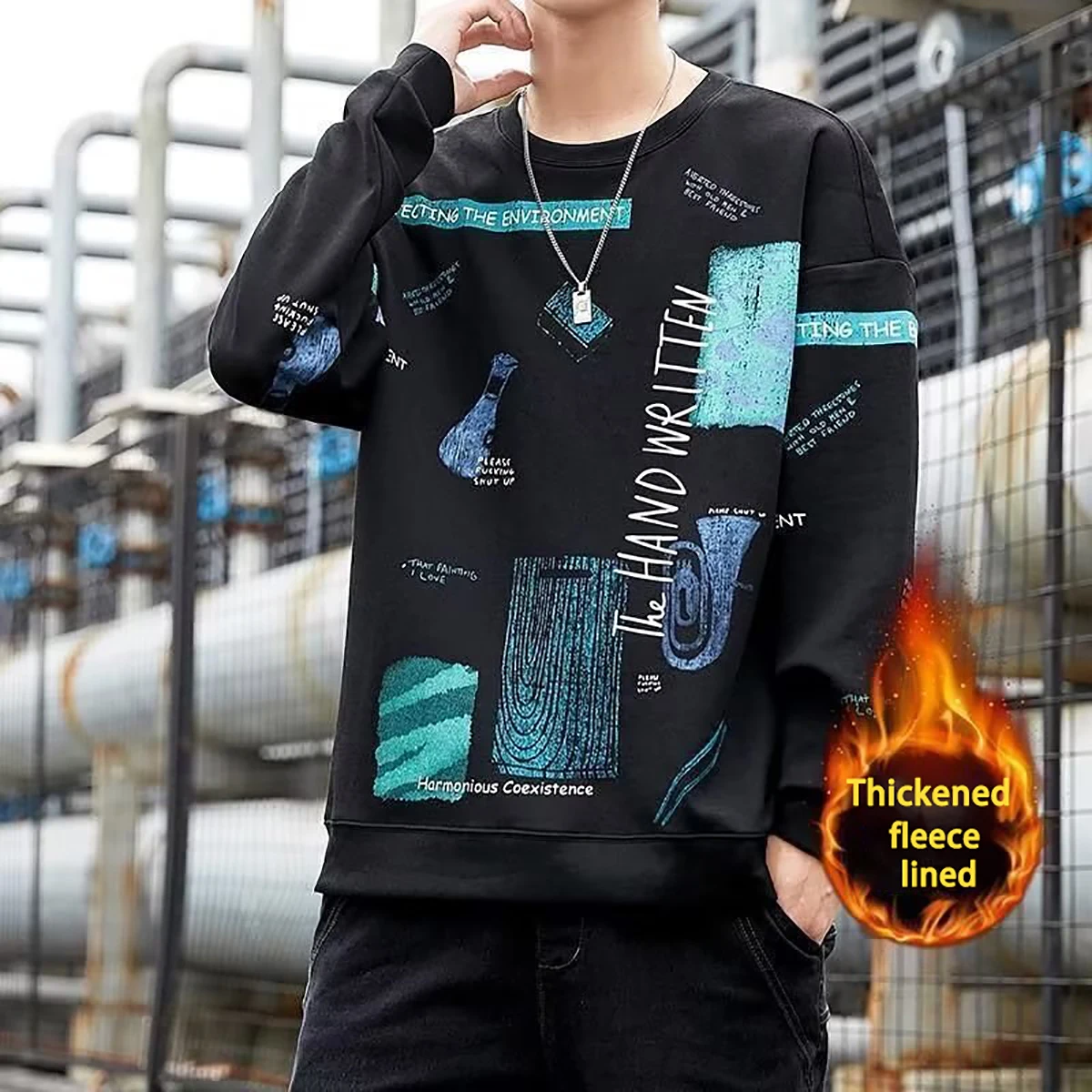 Men's Round Neck Long Sleeved Printed Pattern Top Youth Casual T-shirt Thick Warm Autumn Winter Couple Outfit