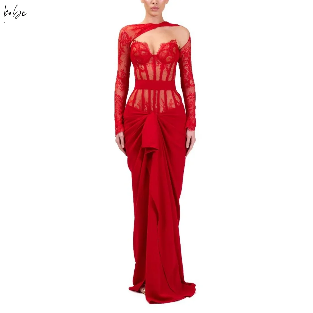 

Kobe Индивидуальные красные платья для выпускного вечера без бретелек с длинными рукавами и открытой спиной Русалка Кружевные вечерние платья Вечерние платья длиной до пола 2025
