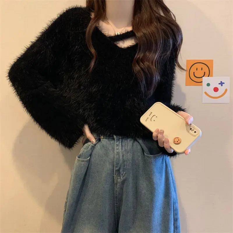 Yasuk Autumn Winter Casual Pullover Women\'s Girl Solid Knitted Long Sleeve Pullover Sweater Imitation Mink Bandage Sexy