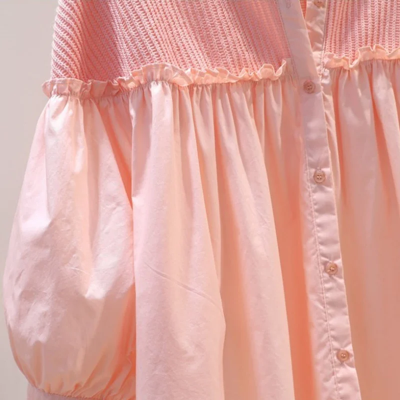 Korean Pink Lantern Sleeves Sweet Doll Shirt Summer Ear Edge Shirt Knitted Spliced Cotton Loose Women's Shirt