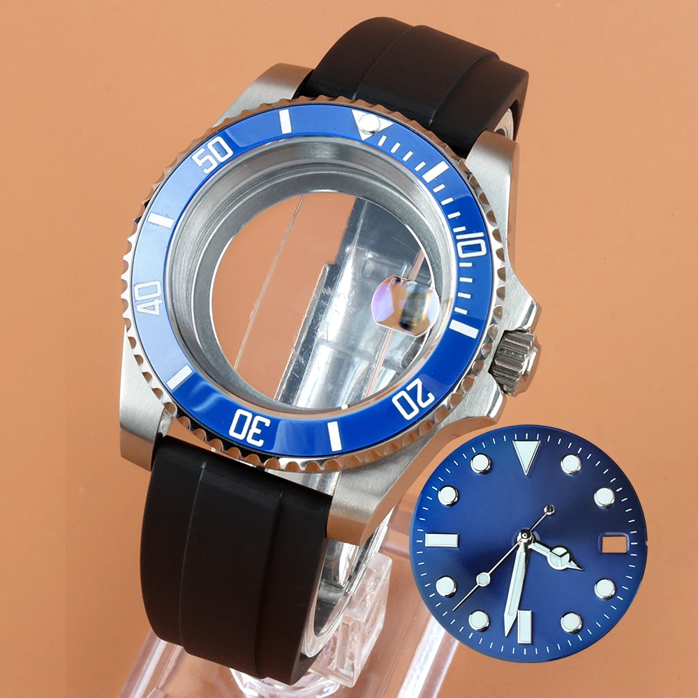 

40mm Watch Case 28.5mm Sunburst Dial Hands Green Luminous Fit SUB NH34 NH35 NH36 NH38 Movement Sapphire Glass Waterproof Case