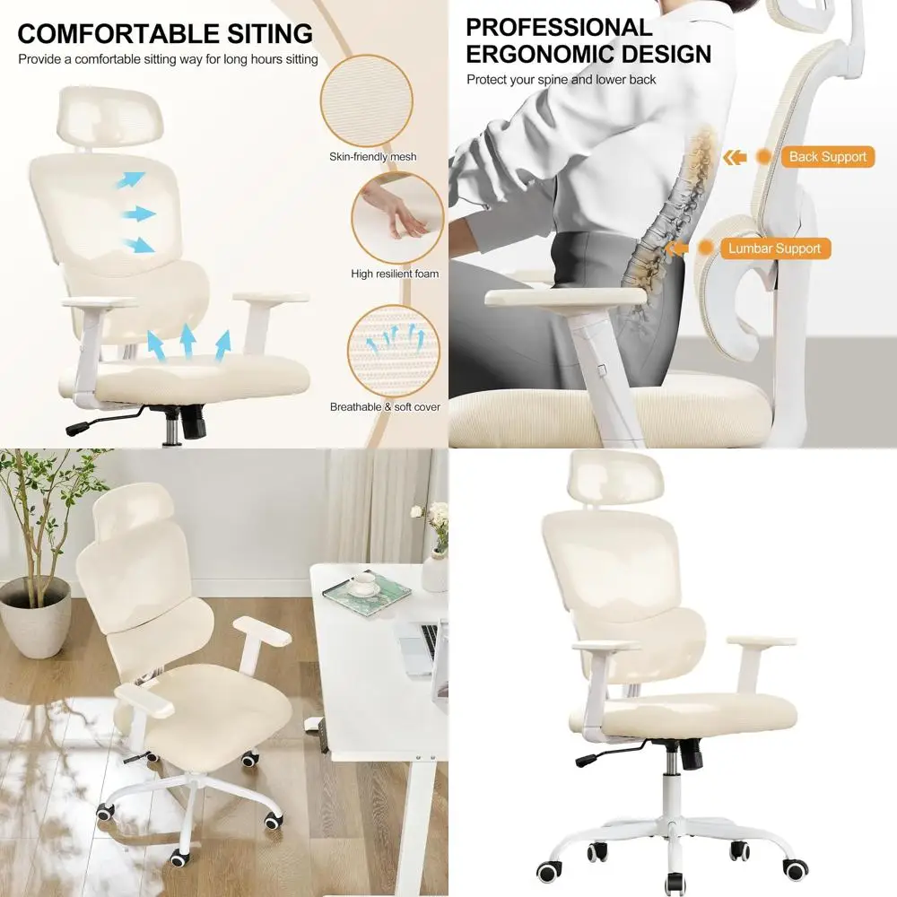 

Эргономичное офисное кресло с высокой спинкой, регулируемое, с подголовником, поясничной опорой и функцией качания, грузоподъемность 150 кг, бежевое