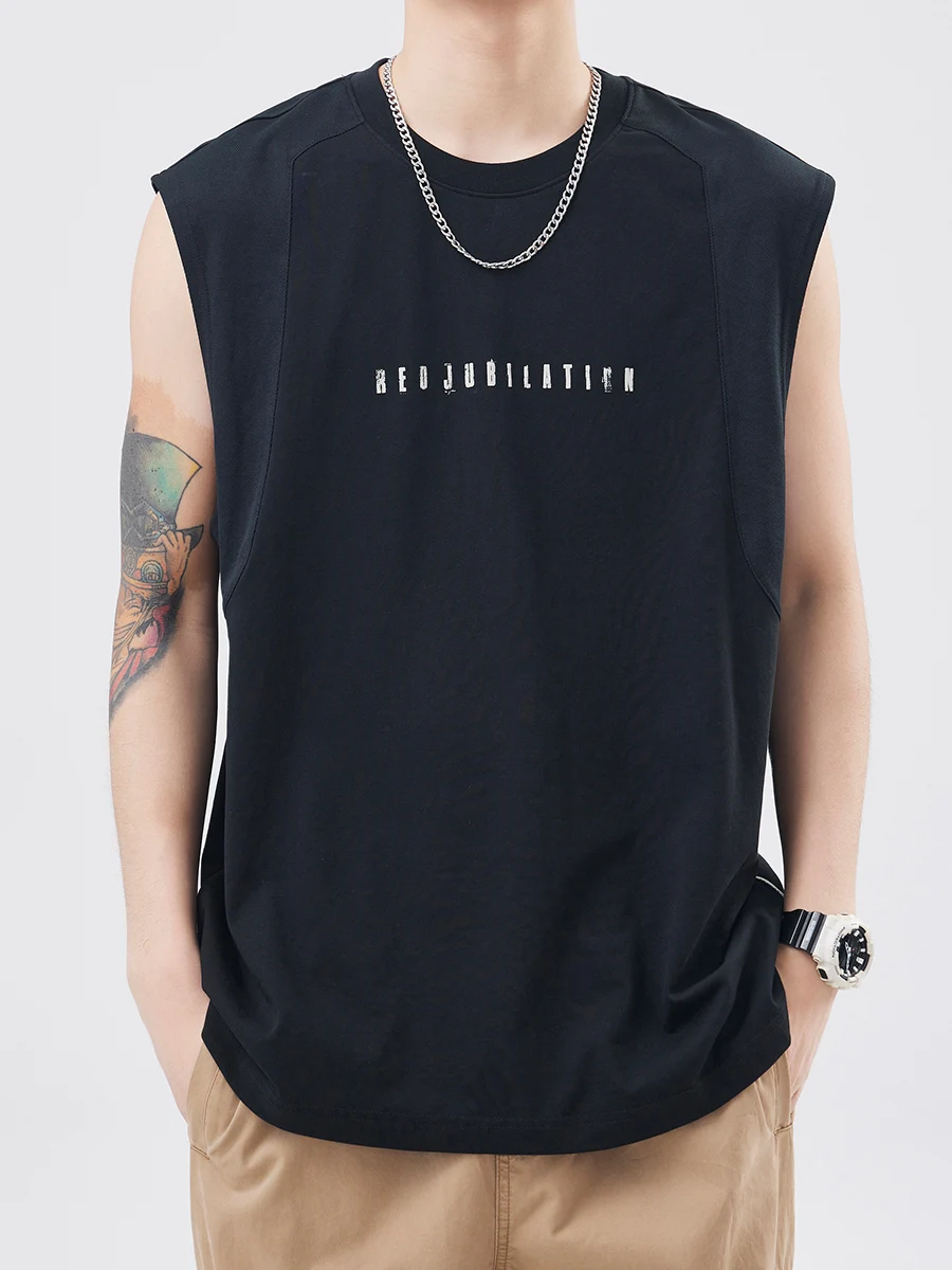 White Fitness Vest Men's Summer Loose Crossbar Quick Dry Sport Shoulder Trendy Brand Wide Shoulder Sleeveless T-shirt Men