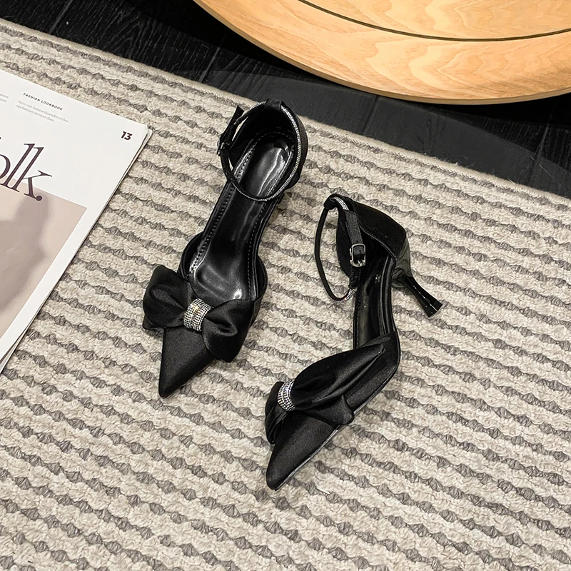 

ZOOKERLIN Pointed Rhinestone Bow Women Sandals Silk Satins Buckle Black Sexy Party Shoes For Women Stiletto Women's Pumps Summer