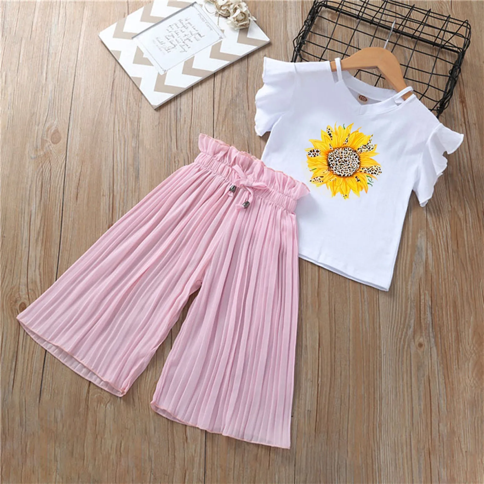 

3-12Y Toddler Kids Girls Clothing Sets Summer Sunflower T Shirt+Chiffon Ruched Loose Pants 2 Pcs Outfits Sets Children Clothes