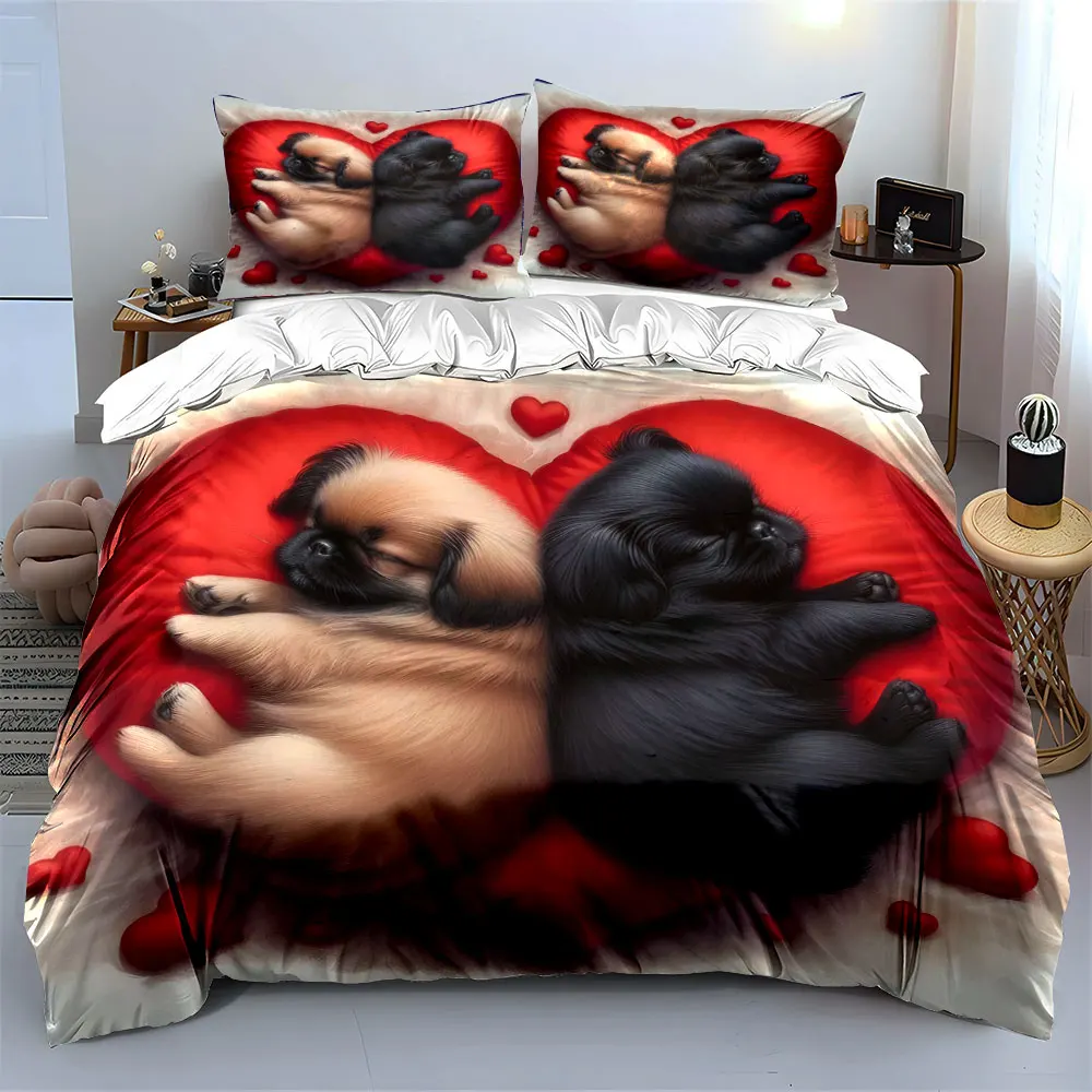 Adorable puppies snuggling on a red heart-shaped pillow Print Duvet Cover Bedding Set Included 1*Duvet Cover 2*Pillowcases