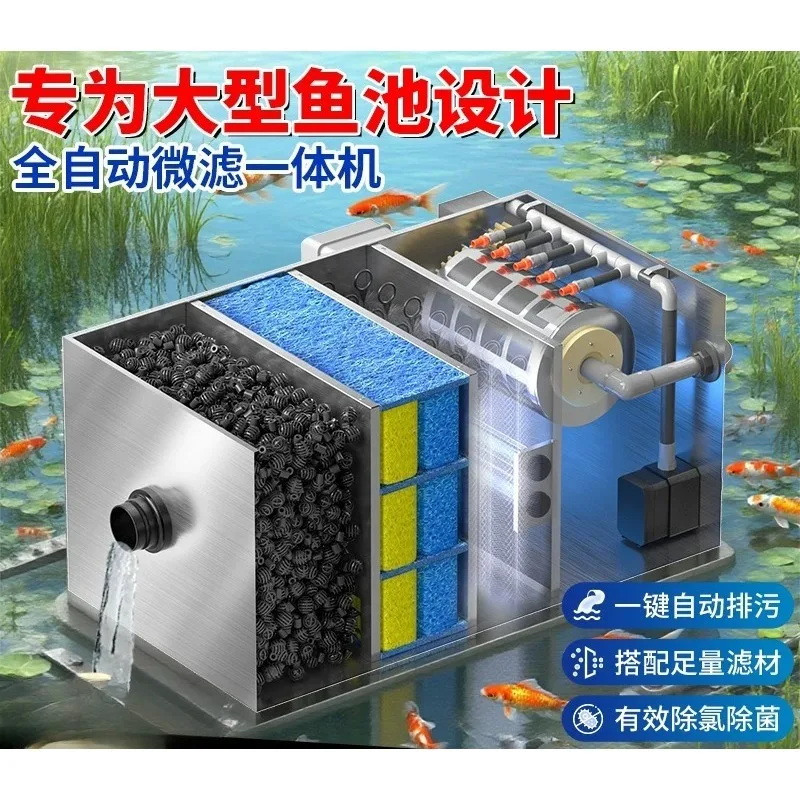 Automatic Drum Filter for Koi Pond, Stainless Steel Mechanical Filter with Backwash for Water Garden & Aquaculture