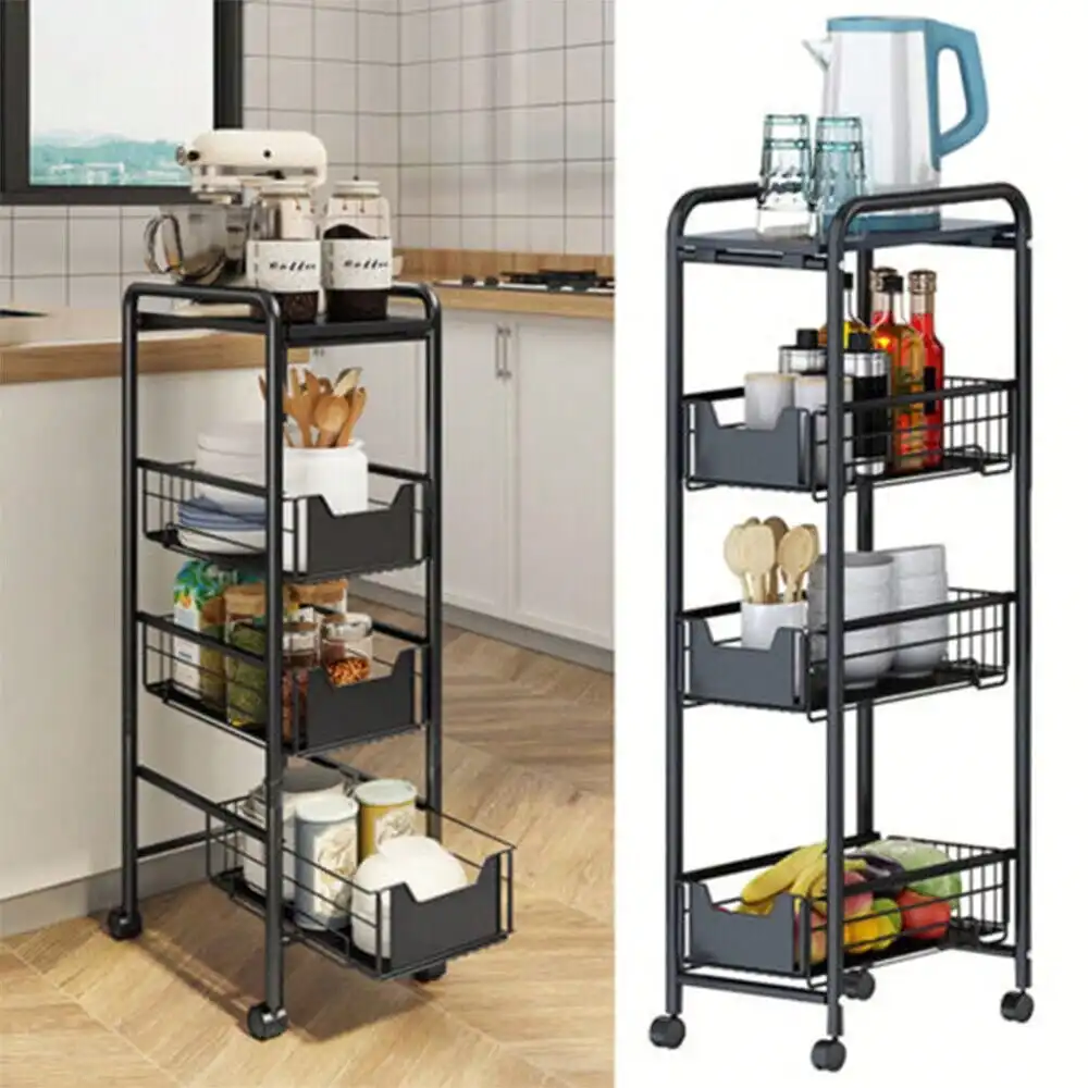 4-Tier Narrow Rolling Cart Sturdy Slim Storage Cabinet Basket Holders Black