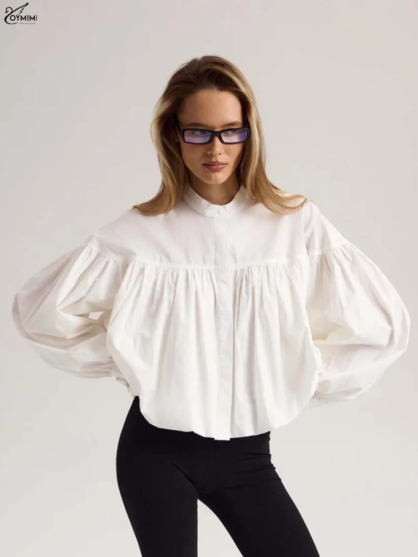 Oymimi Fashion White Loose Women's Shirt Summer O-Neck Puff Sleeve Single Breasted Shirts Casual Pleated Solid Blouse Streetwear
