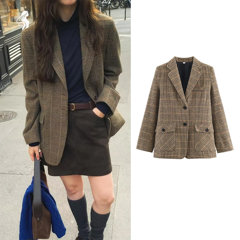 

Woman Clothes Vintage Houndstooth Loose Blazer For Women Single Breasted With Buttons And Pockets Autumn Winter Workwear Blazer
