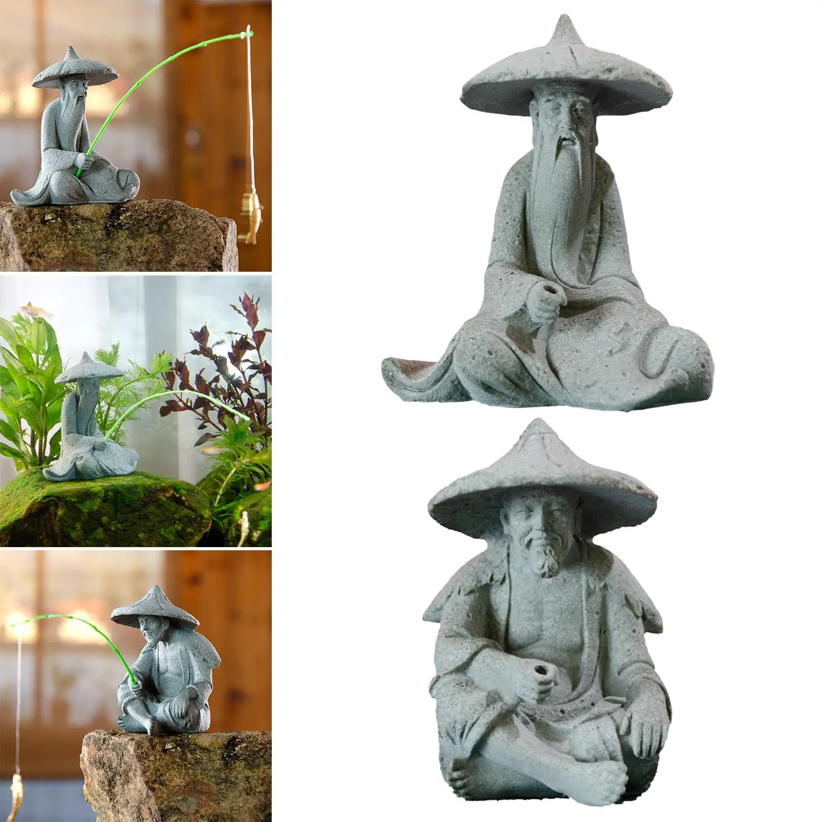 Resin Aquarium Ancient Chinese Fisherman Characters Statue Home Decor with Textured Appearance Details ,Salt and Fresh Water Use