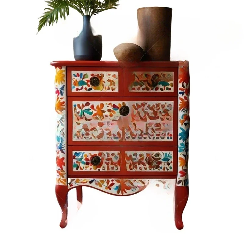 

French retro solid wood painted porch cabinet small apartment living room locker decorative cabinet red bucket cabinet
