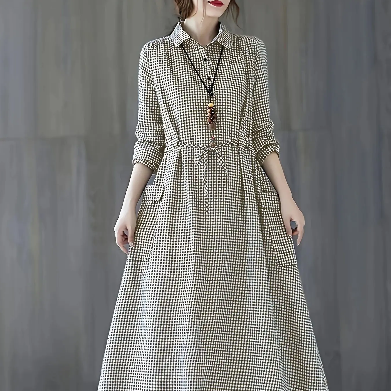 Black and white small plaid flip tie button waist closure large pocket long sleeved dress