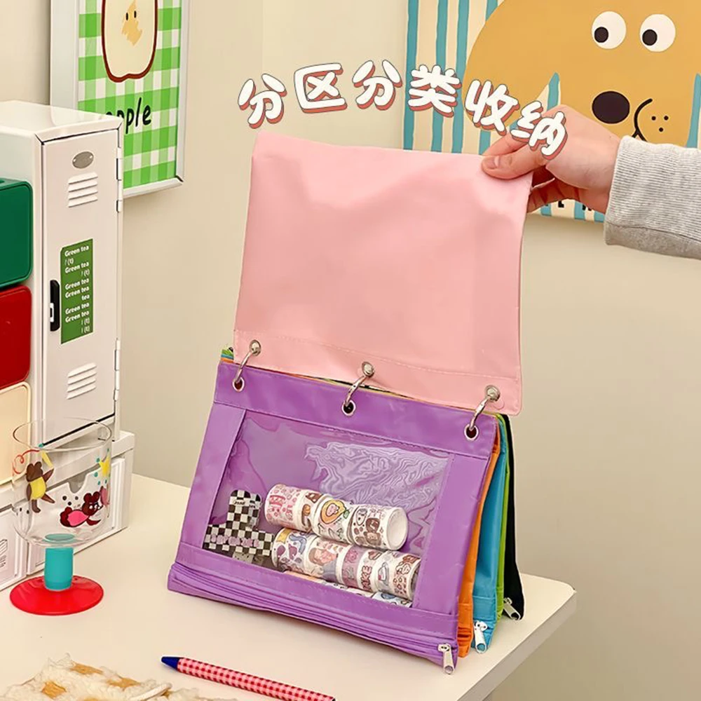 INS Rainbow Color Storage Bag for Children Oxford Fabric Stationery Bag PVC Transparent Makeup Organizer Pouch 6Pcs/set