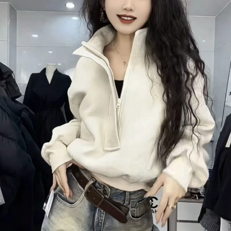 Suéter versátil de terciopelo de estilo extranjero de alta calidad con cremallera, cuello levantado americano, Top corto grueso holgado que cubre carne