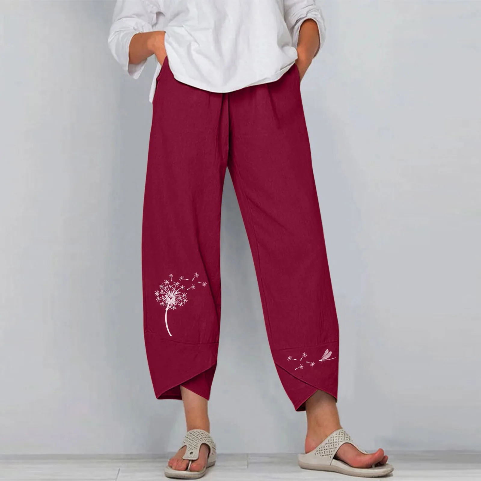 

Women Casual Elastic Waist Pants Summer Dandelion Prints Ankle-Length Trousers Loose Female Pantalones Verano Mujer