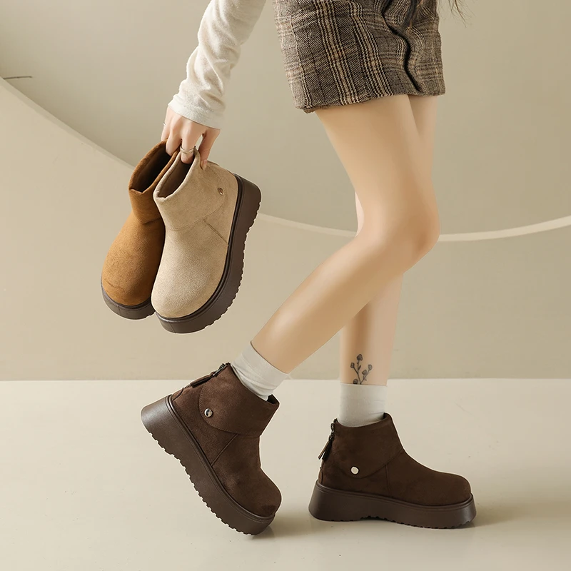 المرأة أحذية الموضة الجديدة جولة تو الشتاء المخملية باطن سميكة زيادة الدافئة كم أحذية بوت قصيرة اليومية تنوعا منتصف العجل الأحذية #1