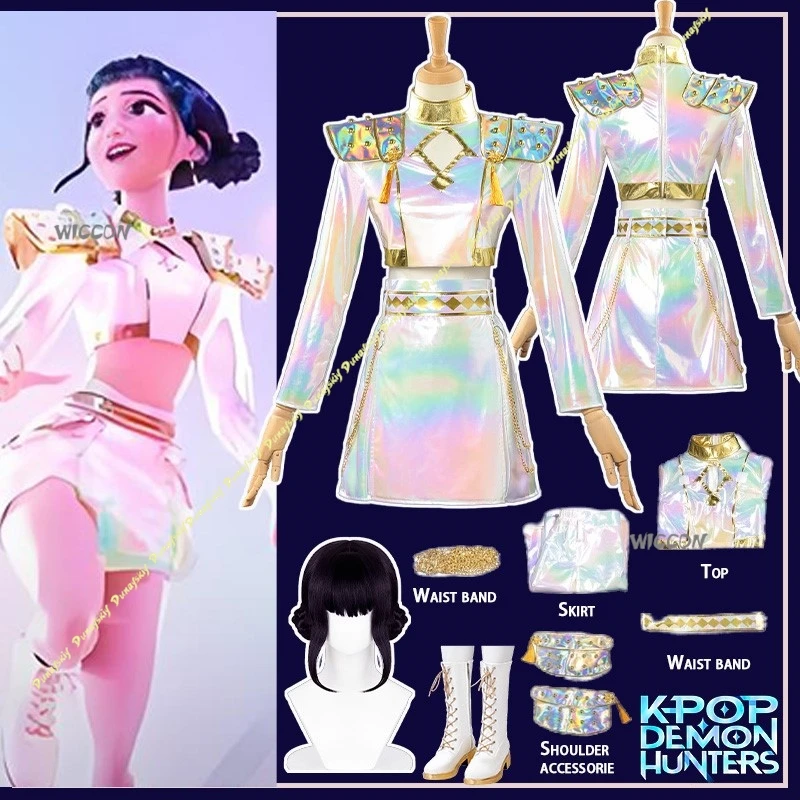 أزياء زوي التأثيرية أنيمي KPop شيطان الصيادين الفتيات شعر مستعار فستان بتصميم بدلة HUNTR/X الملبس الأبيض مرحلة الحفلات اليومية عيد الميلاد والهالوين