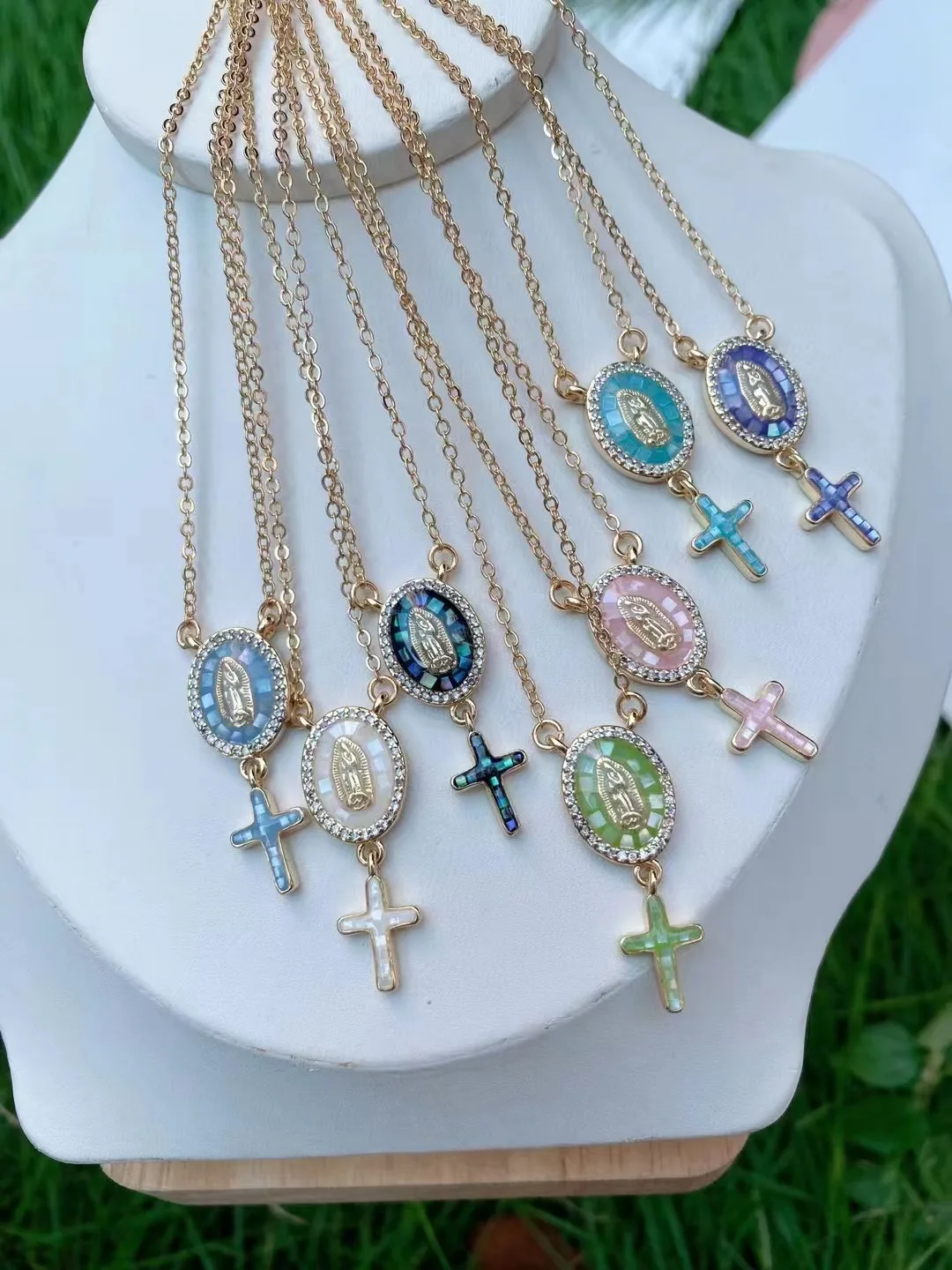 5PCS, Religious Zircon Shell Cross Jesus Virgin Mary Guadalupe Necklace For Women 2022 Gift Jewelry