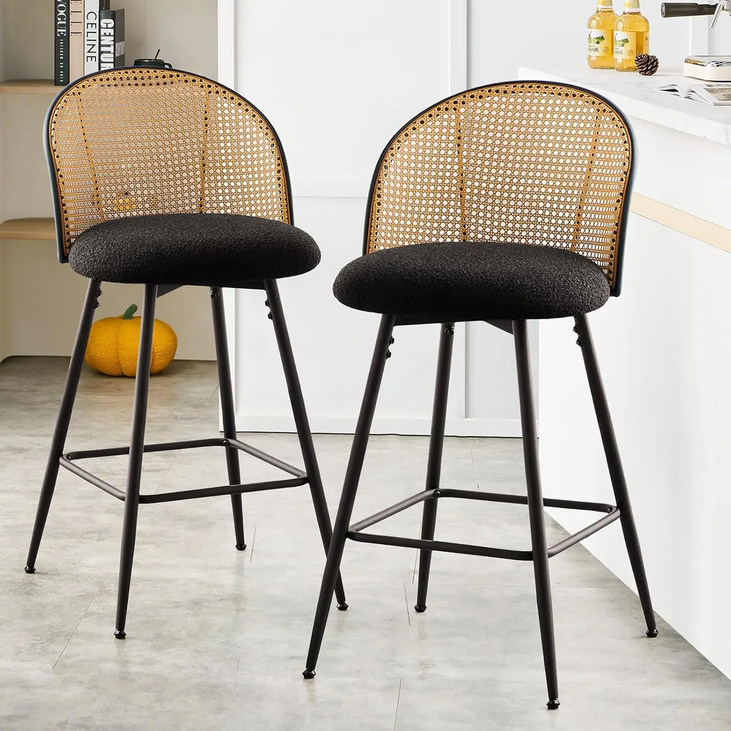 

Rattan Counter Height Bar Stools Set of 2, Swivel Upholstered Barstools with Cane Back and Metal Legs, Black in Boucle Fabric