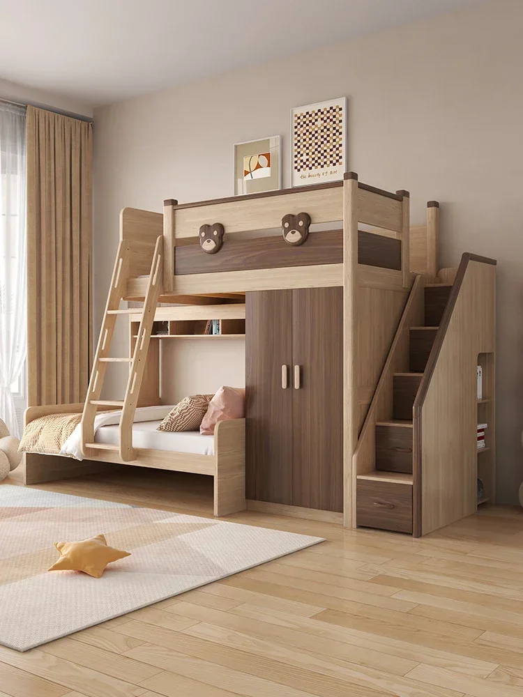 Staggered upper and lower beds Bunk beds with wardrobes Small apartment upper and lower bunk children's solid wood