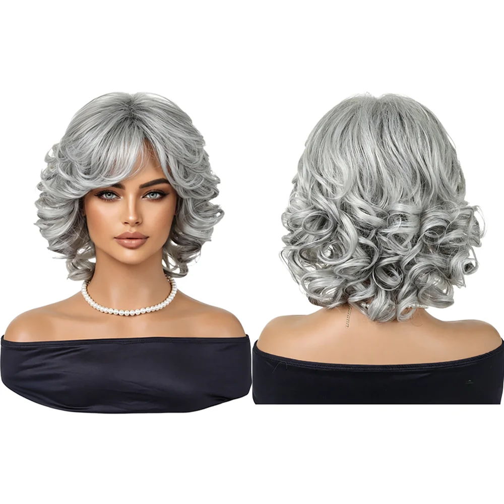 Silver Grey Short Wavy Curly Wig with Bangs Shoulder Length Heat Resistant Synthetic Hair For Women Cosplay Party Halloween