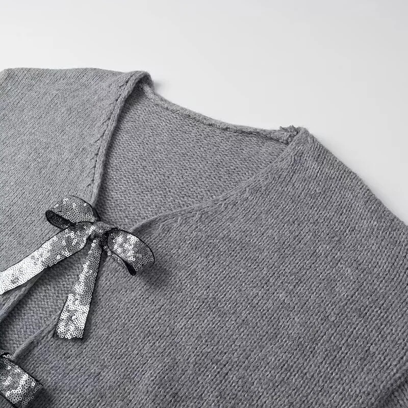 Women's Front Sequined Bow Tied Knit Cardigan Sweater, V Neck, Long Sleeve, Female Outerwear, Chic Tops  Fashion