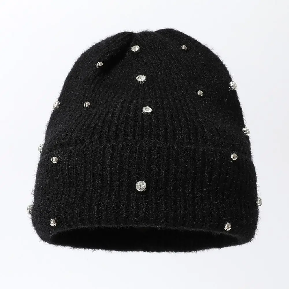 Outdoor Casual Rhinestone Beads Knitted Hat Keep Warm Thickened Warm Bonnet Beaanies Solid colors Skullies Cap Autumn Winter