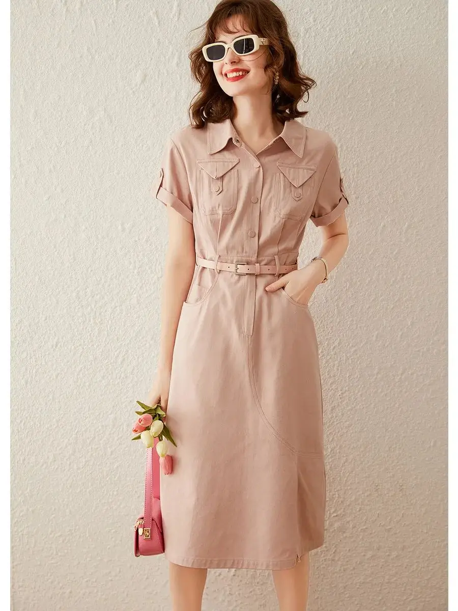 LOUIS YAO Women Denim Dress Retro Style 2024 Summer Safari Dress with Belt Turn Down Collar Short Sleeve Knee Length Dress