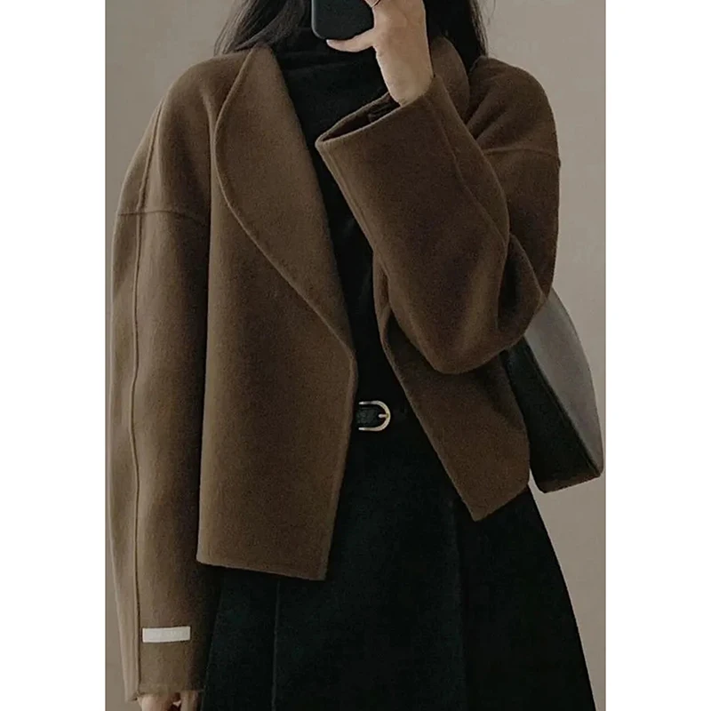 Reversible Tweed Jacket Women Fall Elegant Solid Cropped Tops Cardigan Turn Down Collar Vintage Classic Office Lady Outwear