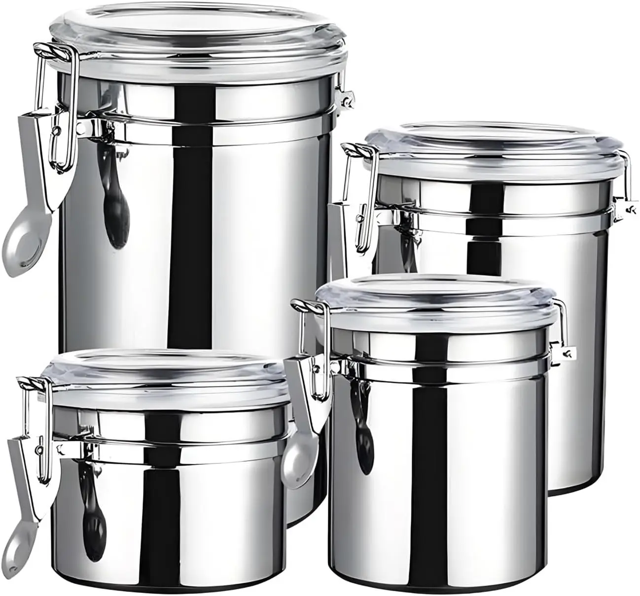 

4-Piece Airtight Stainless Steel Canisters, Clear Lid Kitchen Storage for Coffee, Sugar, Flour, Tea, Spices – 28/32/38/65 oz