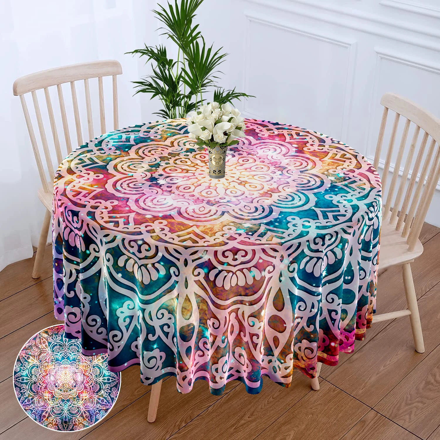 1 Piece Colorful Mandala Circular Tablecloth Waterproof Dining Table Cover Multi-purpose 63 inch Blue-green Tablecloh